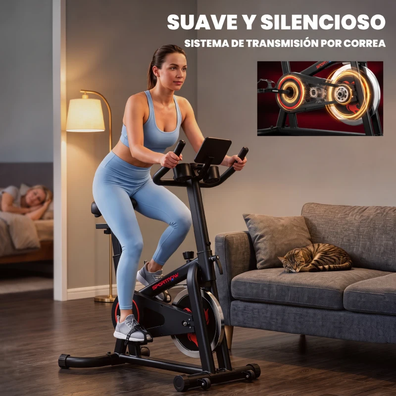 SPORTNOW Bicicleta Estática en Casa con APP Bluetooth Volante 6 kg Pantalla LCD Asiento y Manillar Ajustables Soporte Teléfono