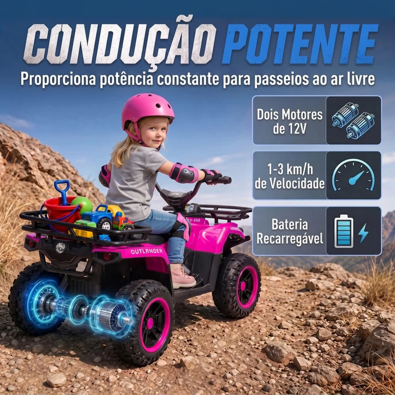 AIYAPLAY Quad Elétrico Infantil 12V com 2 Motores, Bateria de Lítio, 2 Cestos e MP3, Rosa, 3-8 Anos