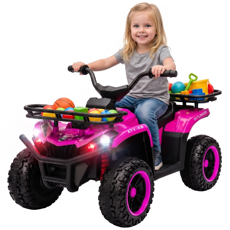 AIYAPLAY 12V Kids Electric Quad Bike, Ride on ATV with Dual Motors, Soft Start, Storage, Music, Lights for 3-8 Years, Pink