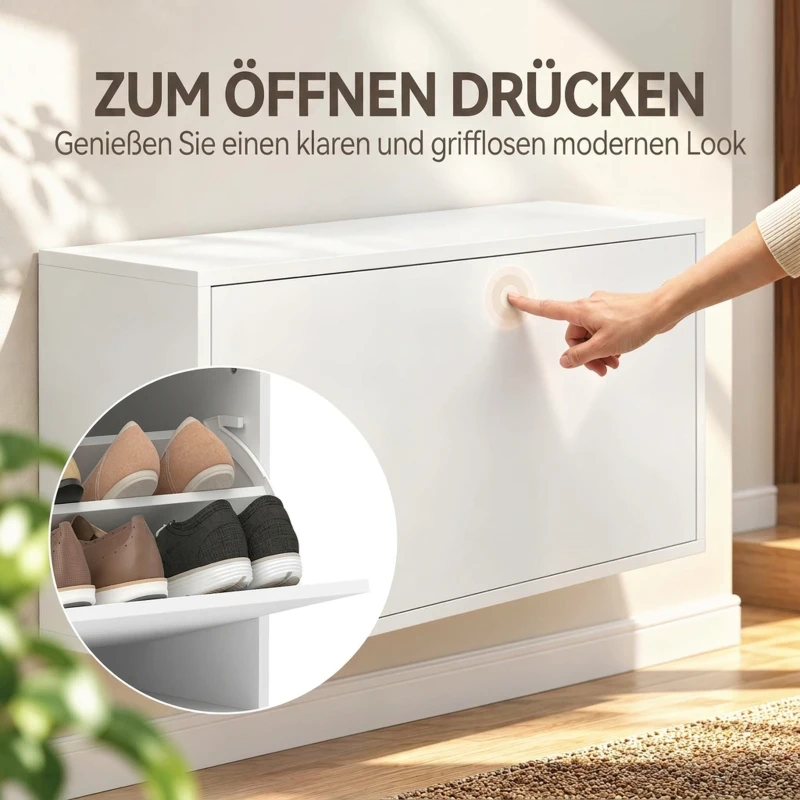 HOMCOM Szafka na buty z 2 klapkami, wiszący uchylny regał z półką, wąska półka na 6 par butów 70 x 30 x 43 cm, biały