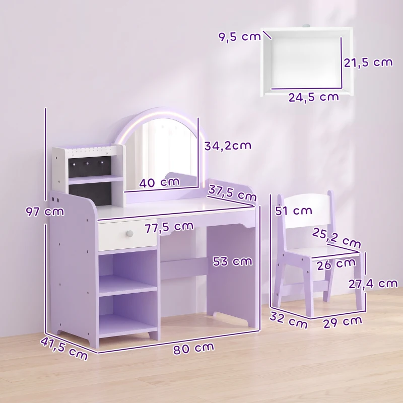 AIYAPLAY Penteadeira de Maquilhagem para Menina com Espelho LED de 2 Cores, Banco, Suportes para Joias, Gaveta e Compartimentos, Roxo