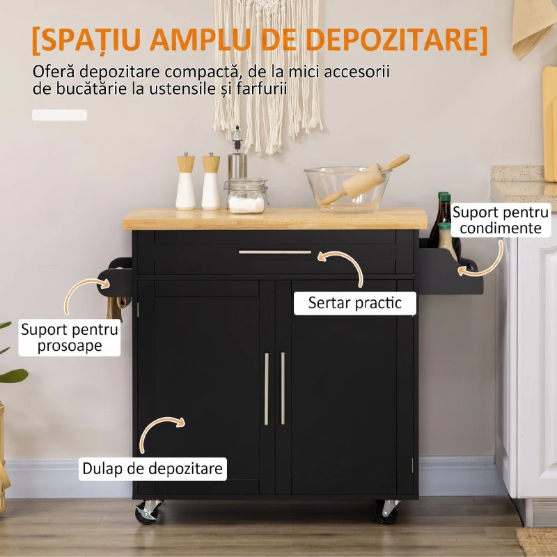 HOMCOM Carucior de bucatarie cu sertar pentru condimente si dulapior din lemn negru