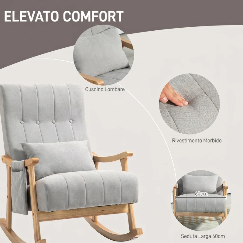 HOMCOM Sedia a Dondolo in Tessuto Effetto Lino Imbottita, Seduta Profonda, Gambe in Legno di Caucciù, Grigio