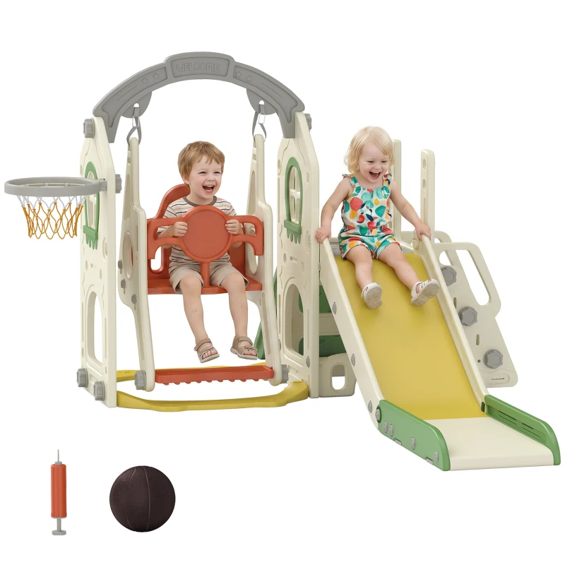 AIYAPLAY Toddler Slide and Swing Set, 6-in-1 Children Activity Centre Playground with Adjustable Swing Seat, Ladder, Cream