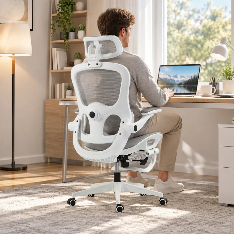 HOMCOM Chaise Bureau Ergonomique Inclinable en Maille, Support Lombaire, Appui-Tête, Accoudoirs Relevables, 62x66x126cm, Gris
