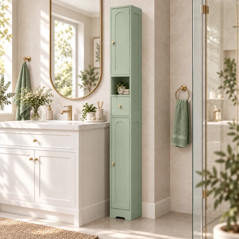 HOMCOM 185 cm Tall Bathroom Cabinet with Arched Doors - Light Green