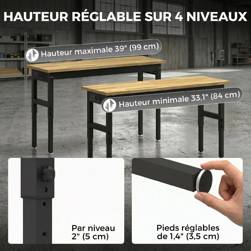 HOMCOM Établi d'Atelier Réglable, 121,9x50,8x79-99cm, Charge 900 kg, 2 Prises et 2 Ports USB, Panneau Perforé, Noir