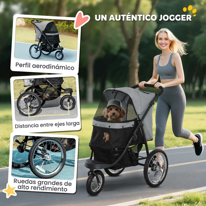 PawHut Carrito para Perros y Gatos Plegable hasta 10 kg Cochecito para Perros Pequeños de 3 Ruedas Grandes de Goma Gris