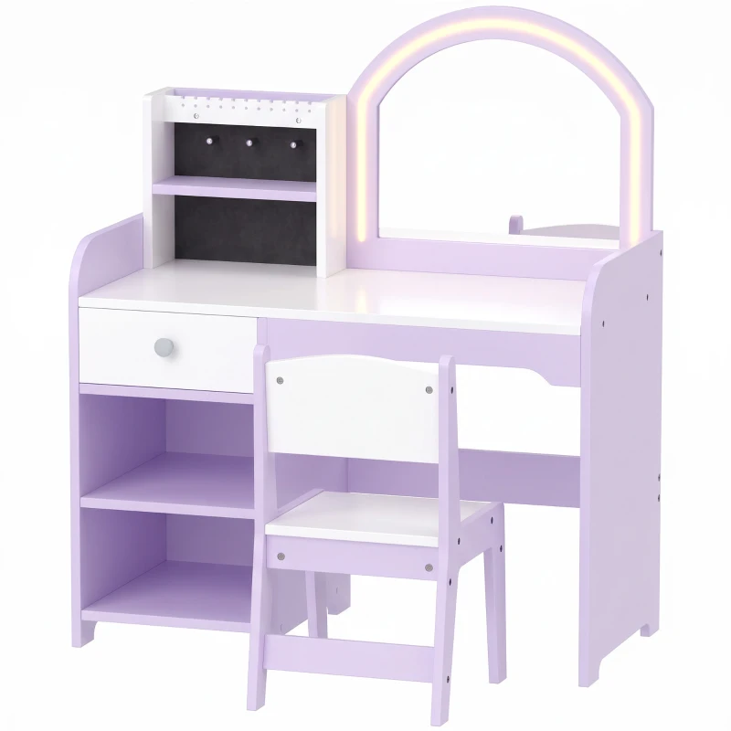 AIYAPLAY Kids Vanity Set, Kids Dressing Table with Stool, 2-Colour Lights Mirror, Pretend Dresser Gift for Ages 3-8, Purple