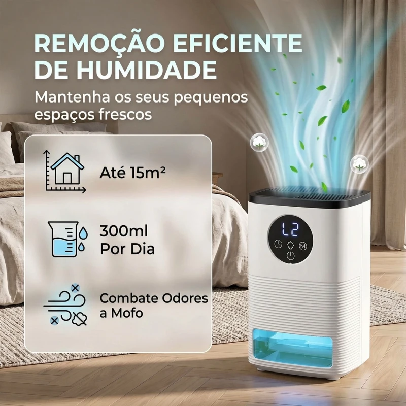 HOMCOM Desumidificador 0,3 L/dia para 15 m², Depósito de 1,4 L, Luz RGB, Temporizador 24 h, Ecrã LED, Branco