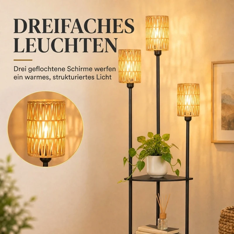 HOMCOM Boho vloerlamp 3-lichts met 3 planken, lampenkap van papieren touw, zwart