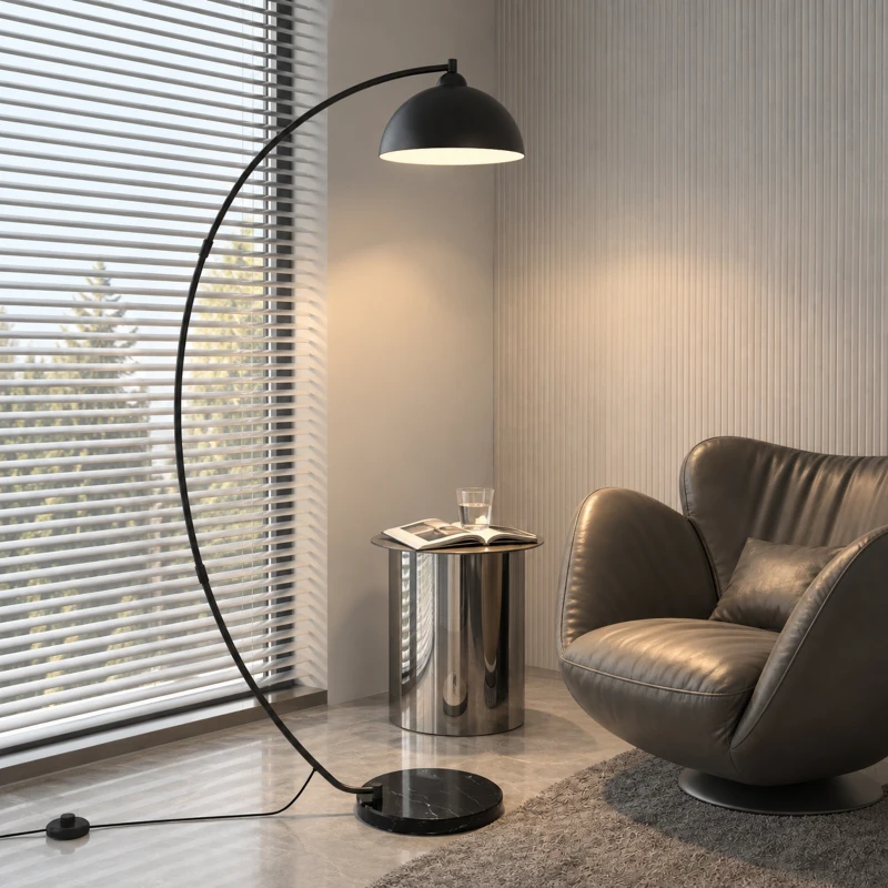 HOMCOM Lampadaire en C, Lampe Sur Pied Salon 178H cm, Abat‑Jour Réfléchissant, Interrupteur au Pied, Base en Marbre, Noir