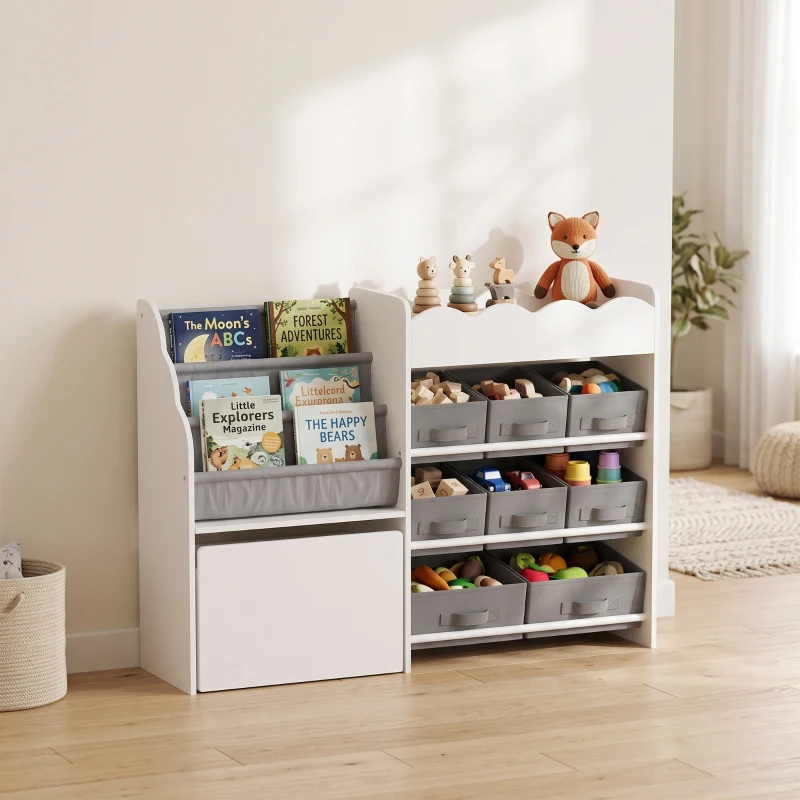 AIYAPLAY Estantería Infantil Juguetes con 8 Cestas de Tela Cajón con Ruedas Librería Estante Abierto 3-8 Años 109x30x80cm Blanco