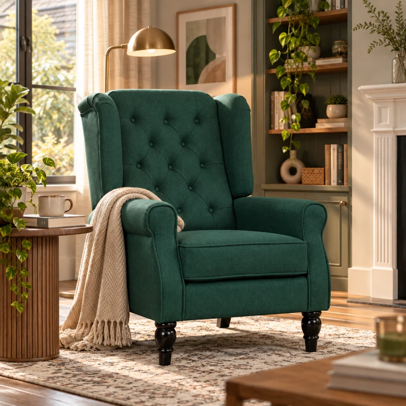 HOMCOM Elegante oorfauteuil, dik gewatteerd, afneembare bekleding, 74 x 86 x 102 cm, Donkergroen