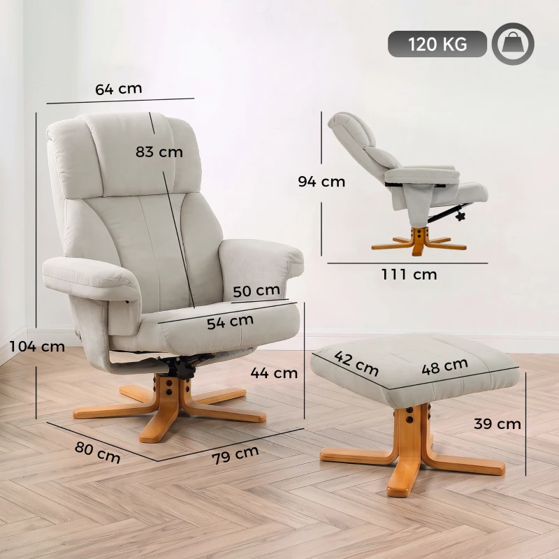 HOMCOM Fauteuil relax avec repose-pied, fauteuil de relaxation, dossier inclinable, assise rembourrée, 79x80x104cm, crème