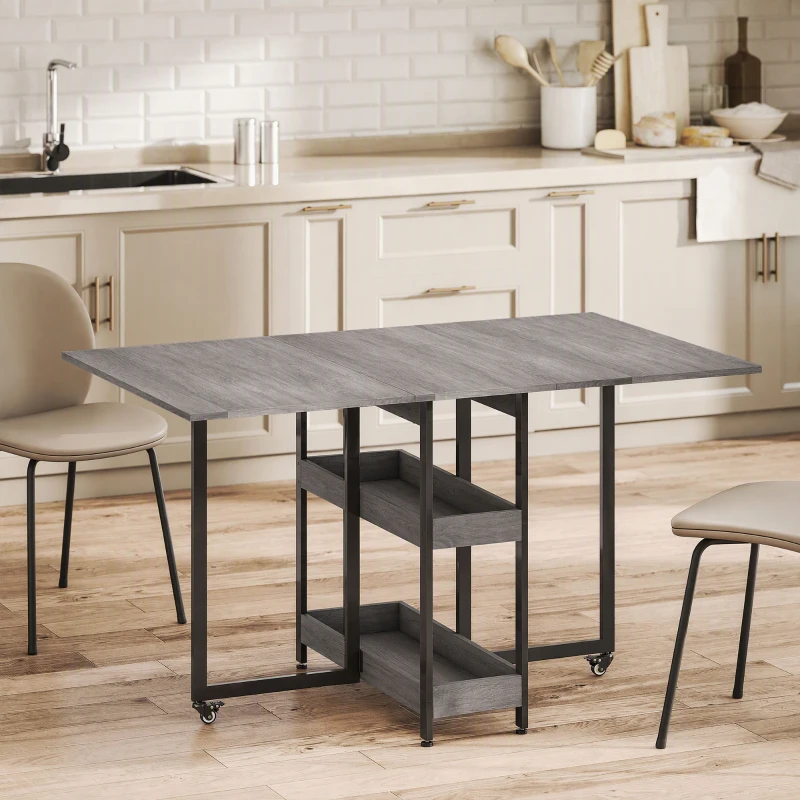 HOMCOM Table à manger pliante sur roulettes 4 personnes avec compartiments ouverts, pour petits espaces, salle à manger, gris