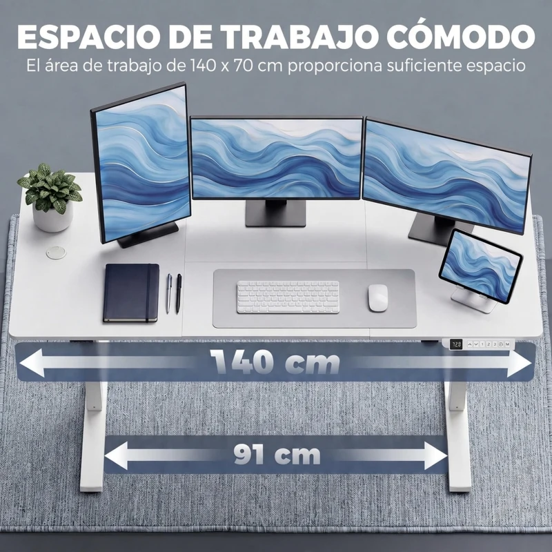 HOMCOM Escritorio Elevable Eléctrico 140x70 cm Altura Ajustable 72-120 cm 3 Memorias Silencioso 2 Ganchos 2 Pasacables Blanco