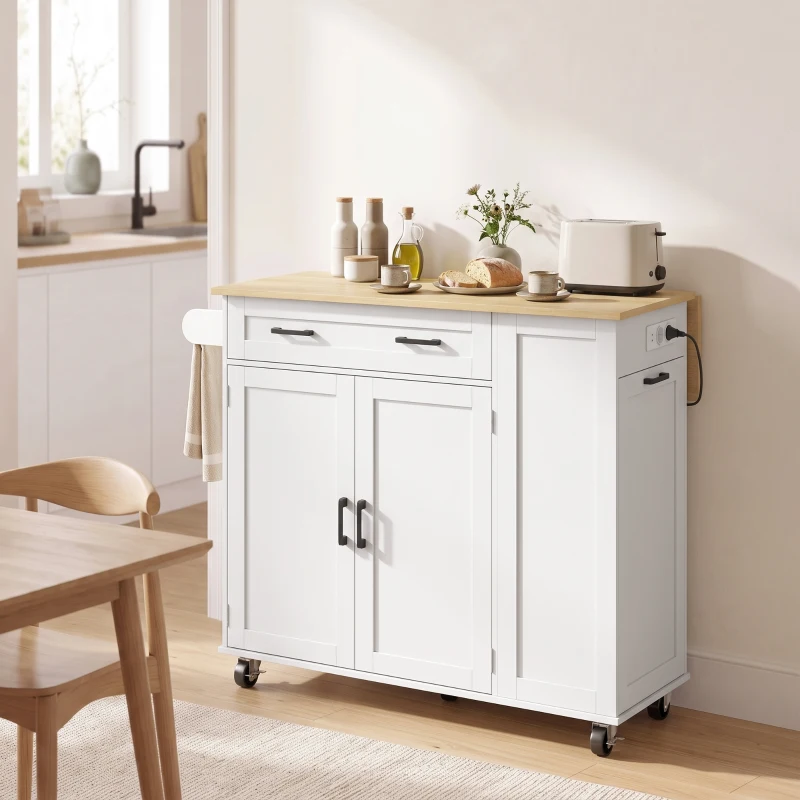 HOMCOM Ilha de Cozinha com Rodas, Tampo Extensível, Estação de Carregamento, Compartimento para Balde, Prateleiras nas Portas, Branco