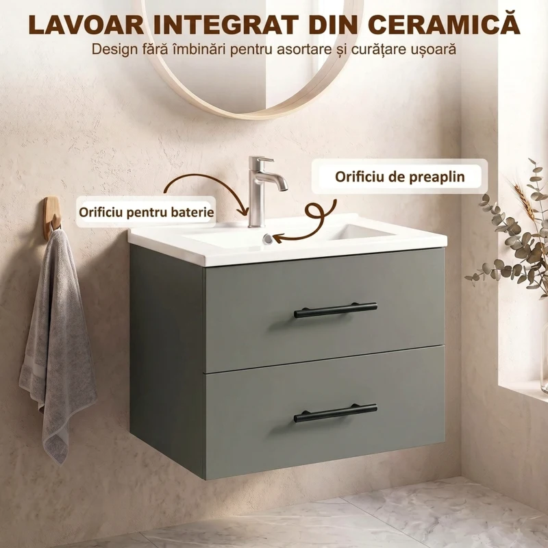 HOMCOM Dulap pentru Baie cu Lavoar din Ceramică, 2 Sertare, 61 x 40 x 48 cm, Verde