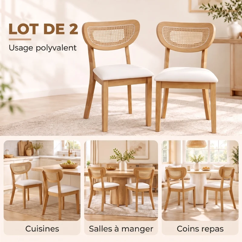 HOMCOM Lot de 2 Chaises de Salle à Manger, Chaises de Cuisine Rembourrées en Lin, Dossier à Effet Rotin et Pieds d'Hévéa, Beige
