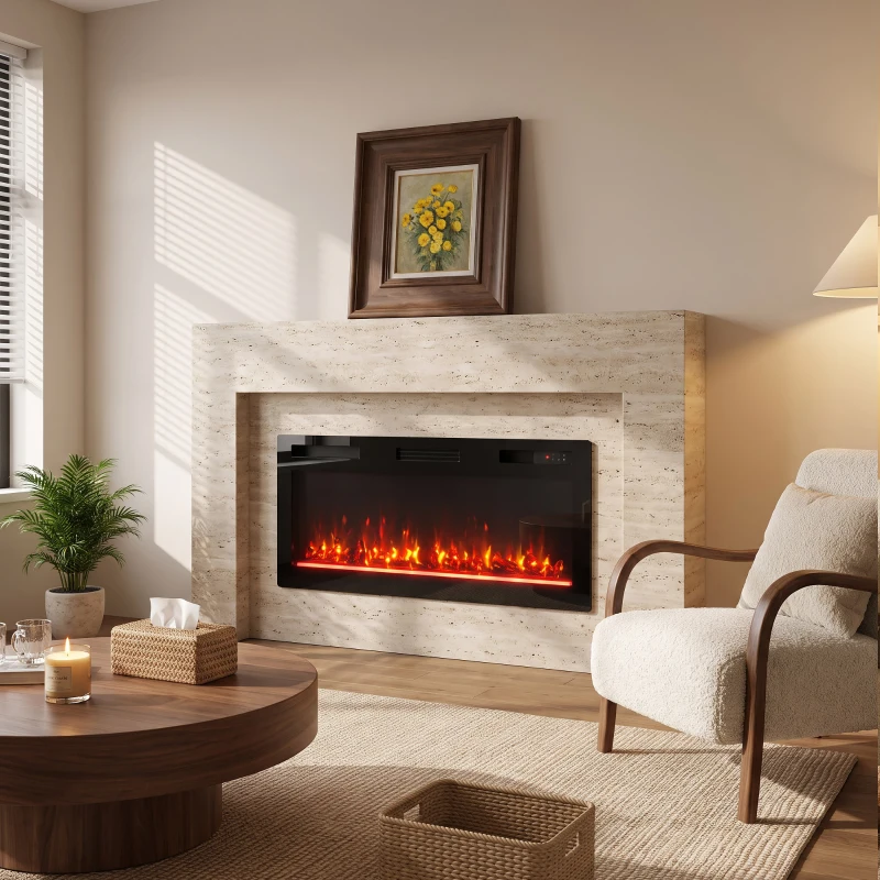 HOMCOM Lareira Elétrica Ultrafina 900/1800 W Encastrável/Mural/De Pé, 12 Cores de Chama 3D, Comando à Distância, até 35 m², Preta
