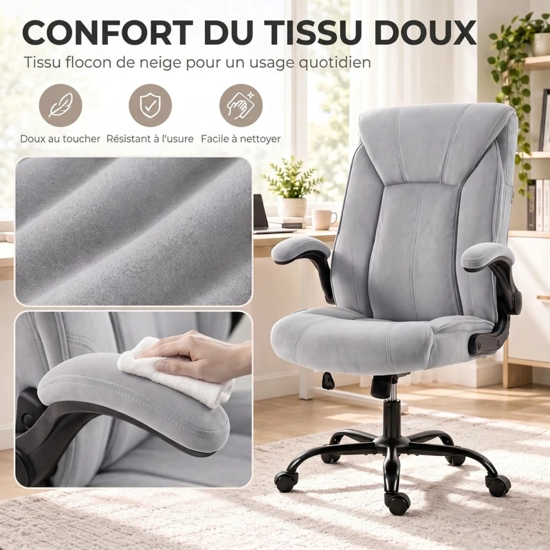 HOMCOM Chaise Bureau Ergonomique en Tissu Flanelle, Hauteur Réglable, Bascule, Accoudoirs Relevables, 66x77x122cm, Gris Clair