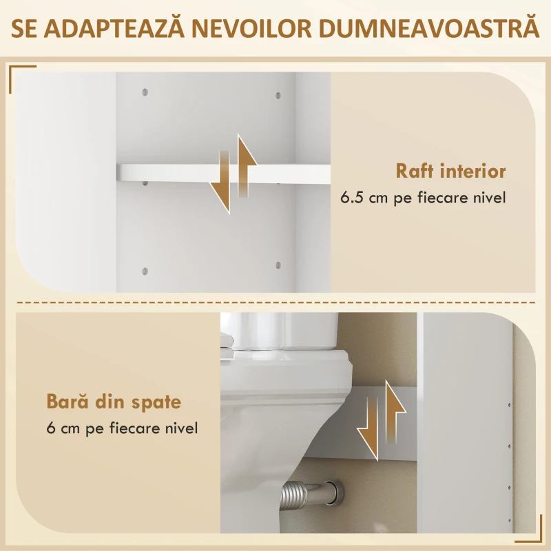 HOMCOM Dulap deasupra WC-ului cu 3 niveluri, economisire spațiu, poliță reglabilă, raft deschis, alb/stejar