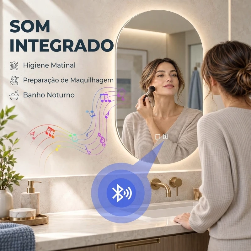 HOMCOM Espelho de Casa de Banho LED com Bluetooth 50x70 cm Espelho de Parede Antiembaciamento 3 Cores Reguláveis com Memória