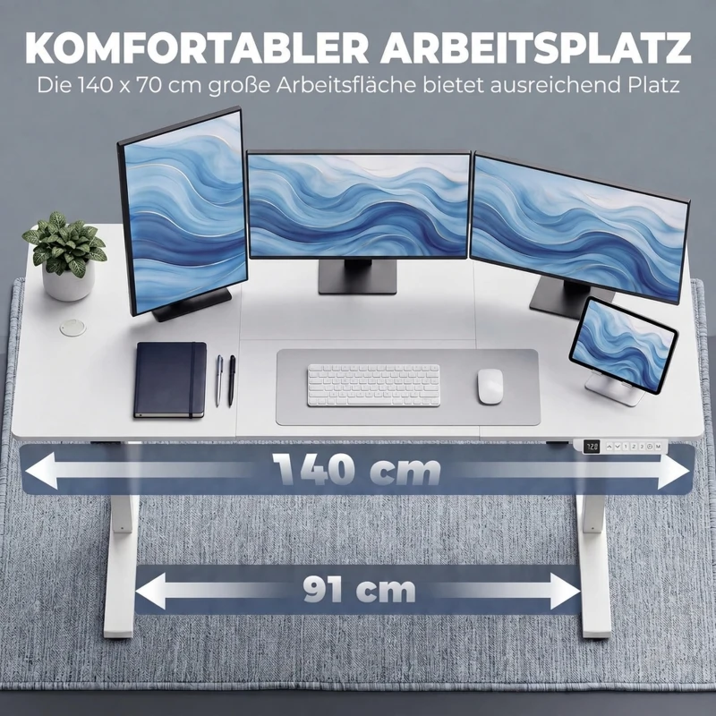 HOMCOM Elektrischer Stehschreibtisch höhenverstellbar mit LCD-Display, Kabeldurchführungen & Haken, Weiß