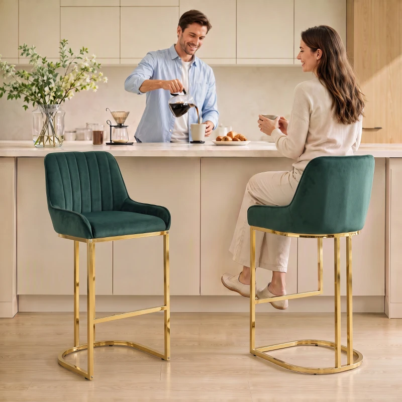 HOMCOM Bar Stools Set of 2 with Backrest, Footrest, Gold Electroplated Legs for Kitchen Island, Dining Room, Dark Green