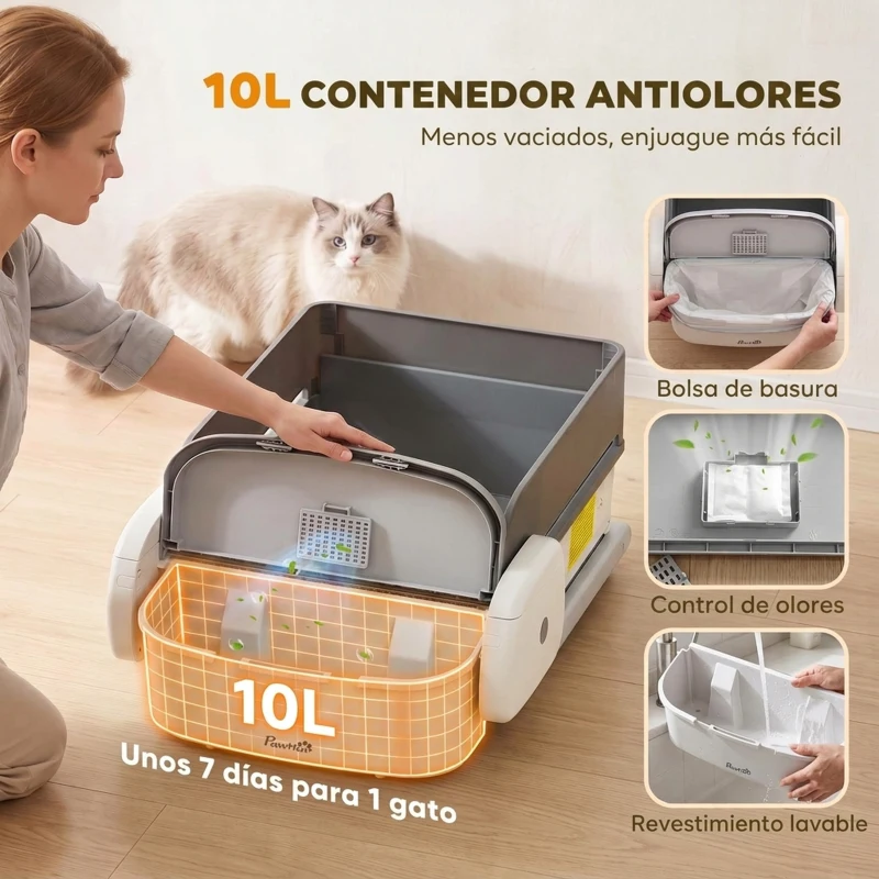 PawHut Arenero Gatos Autolimpiable Abierto Control por APP Sensores de Seguridad Capacidad de 10 L sin Olores Entrada Baja