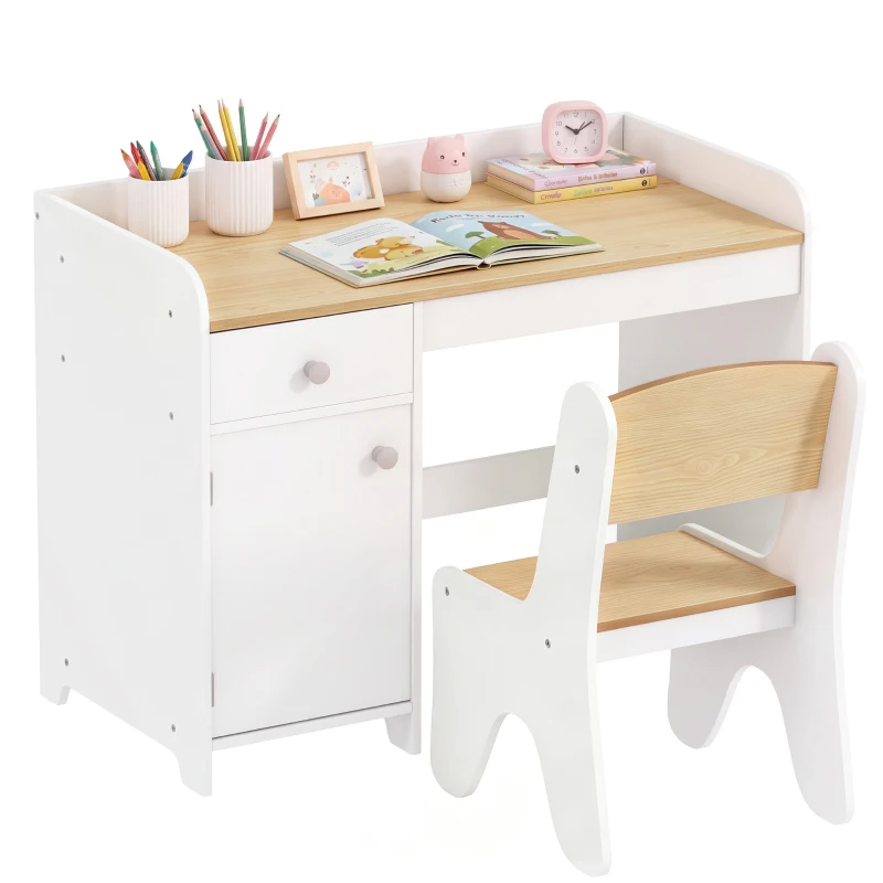 ZONEKIZ Bureau enfant avec chaise, table enfant avec tiroir, placard et large plateau, pour 3 à 6 ans, 80 x 39 x 59 cm, blanc