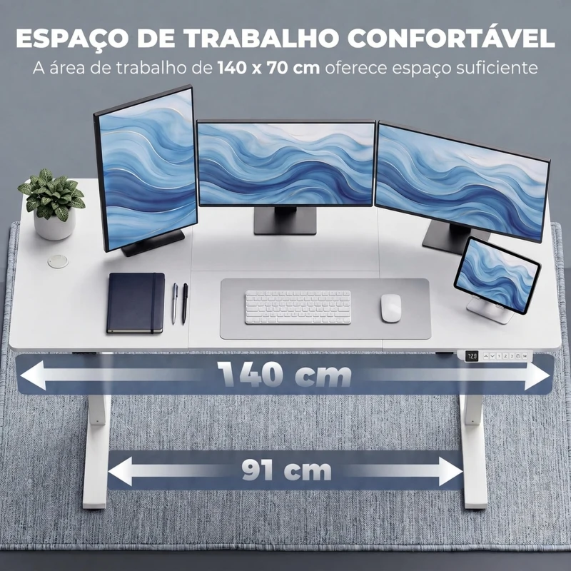 HOMCOM Secretária Elevatória Elétrica 140x70 cm, Altura Regulável 72-120 cm, 3 Memórias, Silenciosa, 2 Ganchos, 2 Passa-Cabos, Branca