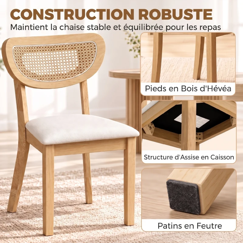 HOMCOM Lot de 2 Chaises de Salle à Manger, Chaises de Cuisine Rembourrées en Lin, Dossier à Effet Rotin et Pieds d'Hévéa, Beige