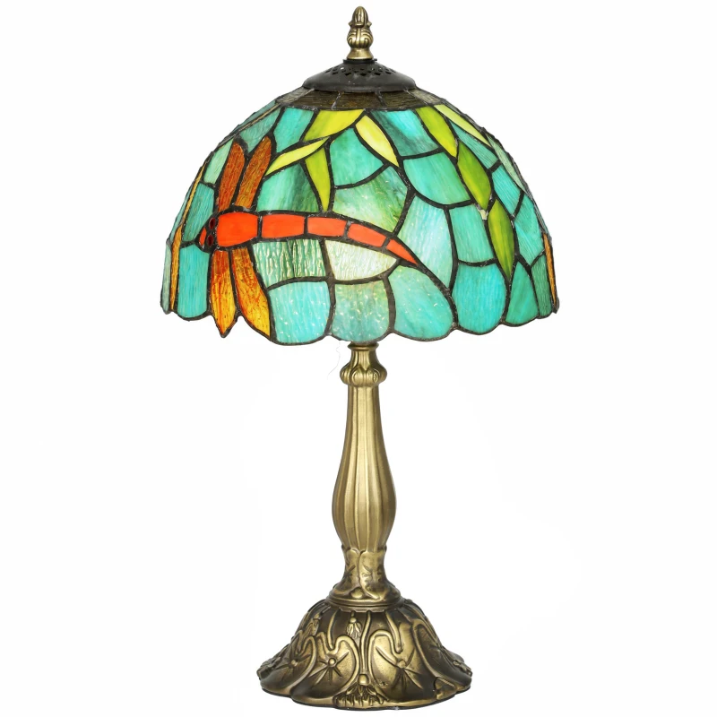 HOMCOM Tiffany Stained Glass Table Lamp, Handmade Antique Bedside Lamp for Bedroom, Living Room, Nightstand, Green