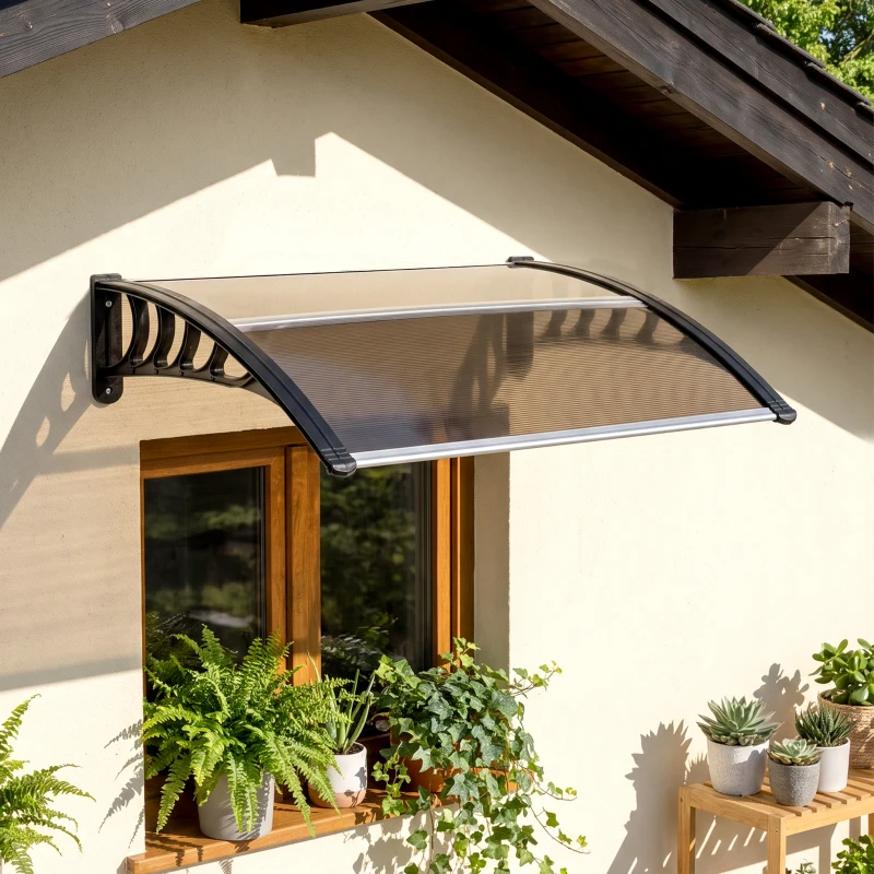 Outsunny Marquesinas Exterior para Puertas y Ventanas, 103x96,5 cm, Tejadillo de Protección contra Sol y Lluvia, con Cubierta de Policarbonato, Soportes de PP y Regleta de Aluminio, Marrón