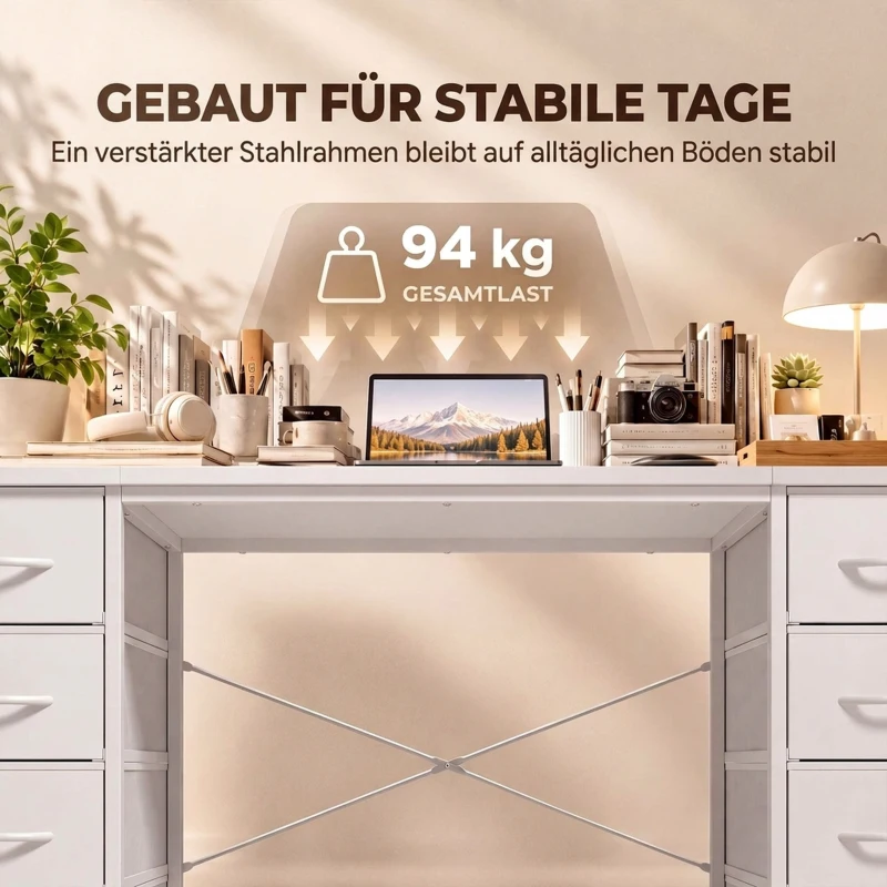 HOMCOM Computertisch mit 8 Stoffschubladen und Stauraum Schreibtisch 140 cm Weiß