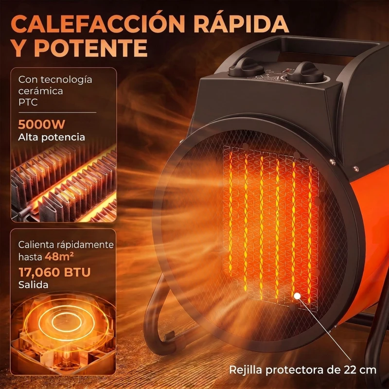 Outsunny Calefactor Eléctrico Cerámico PTC 5000W Termostato Regulable 3 Modos Ángulo Ajustable Portátil para 48 ㎡ Naranja