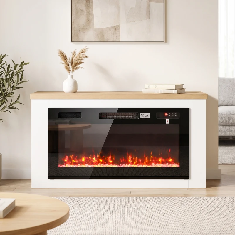 HOMCOM Chimenea Eléctrica de Pie 900/1800W Mueble para TV 55" 12 Colores de Llama 3D 5 Brillos Control Remoto para 35㎡ Blanco