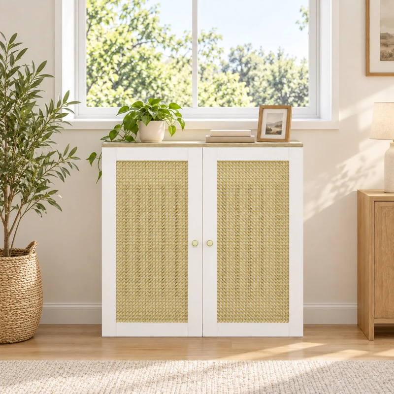 HOMCOM Cobre-radiador com 2 Portas em Rotim para Sala e Quarto 78x19x75 cm Branco