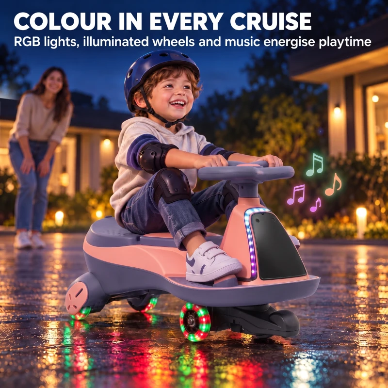 AIYAPLAY 12V Electric Wiggle Car, 2-In-1 Kids Ride On Toy with 2 Speeds, Soft Start, PU Wheels, RGB Lights, Up to 60 kg, Pink
