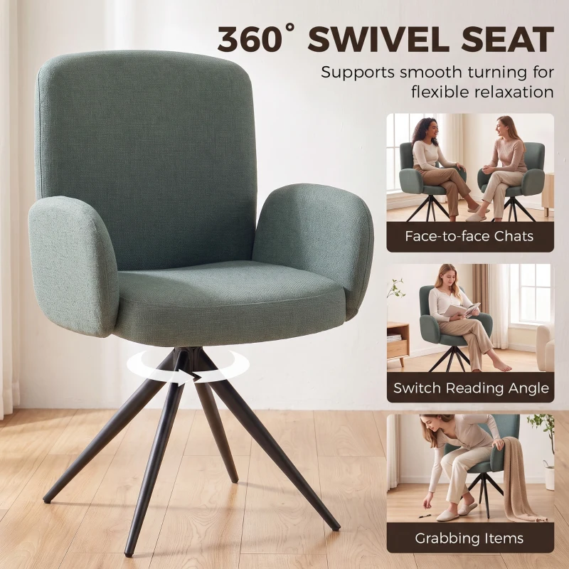HOMCOM Swivel Accent Chair, Upholstered Linen-Look Armchair with Curved Backrest, Wrapped Armrests for Living Room, Light Green