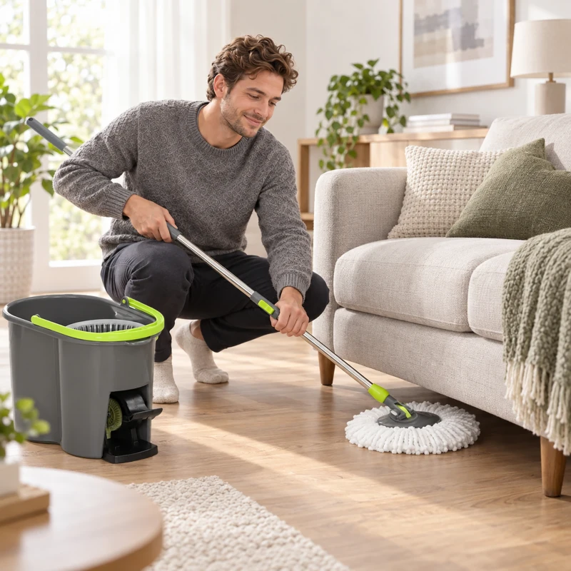 HOMCOM Balai Serpillière et Seau avec Essoreur, Balai Rond à 2 Compartiments, Réservoir 20 L, Tête Rotative à 360°, Gris Foncé