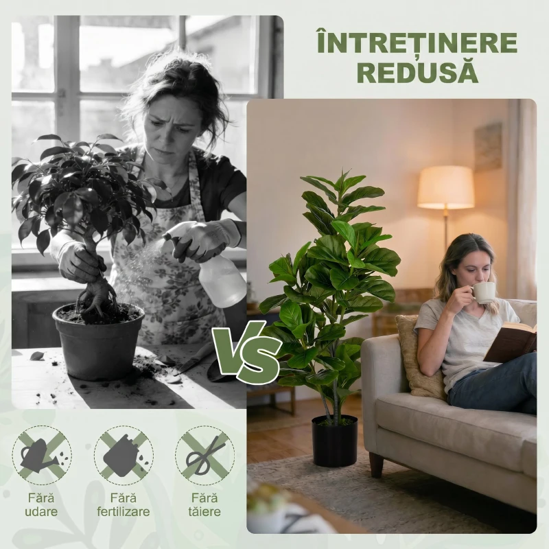 HOMCOM Plantă Artificială Ficus cu 90 de Frunze din PEVA, Ghiveci din PP, Decorațiune pentru Living, 15 x 15 x 110 cm, Verde