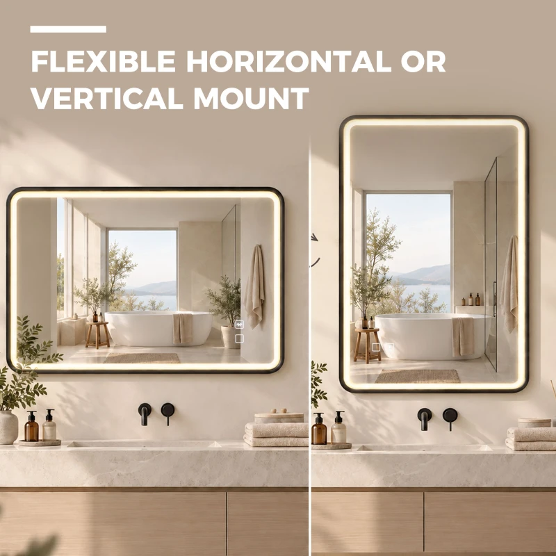 HOMCOM Miroir Salle de Bain Bluetooth avec Éclairage LED 100x70cm, Dimmable 3 Couleurs, Interrupteur Tactile, Anti-Buée, Noir