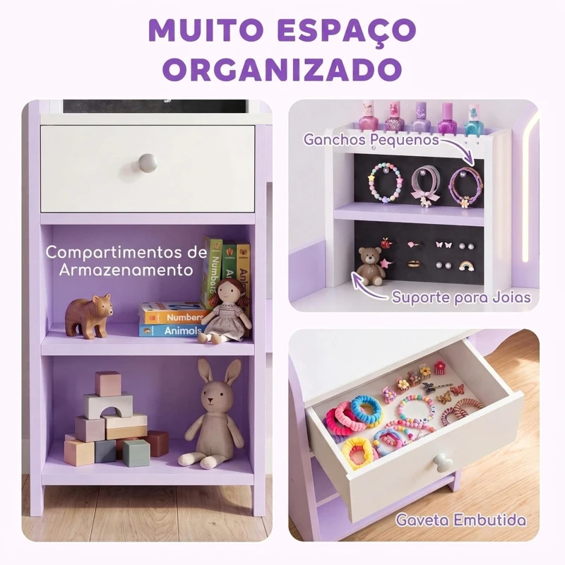 AIYAPLAY Penteadeira de Maquilhagem para Menina com Espelho LED de 2 Cores, Banco, Suportes para Joias, Gaveta e Compartimentos, Roxo