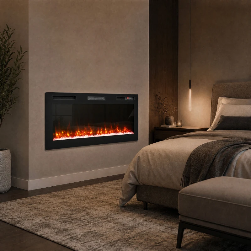 HOMCOM Șemineu electric 102 cm, încastrabil/perete/podea, 900/1800W, telecomandă, timer, negru