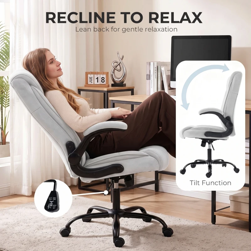 HOMCOM Chaise Bureau Ergonomique en Tissu Flanelle, Hauteur Réglable, Bascule, Accoudoirs Relevables, 66x77x122cm, Gris Clair