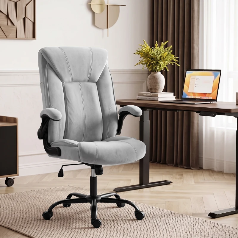 HOMCOM Chaise Bureau Ergonomique en Tissu Flanelle, Hauteur Réglable, Bascule, Accoudoirs Relevables, 66x77x122cm, Gris Clair