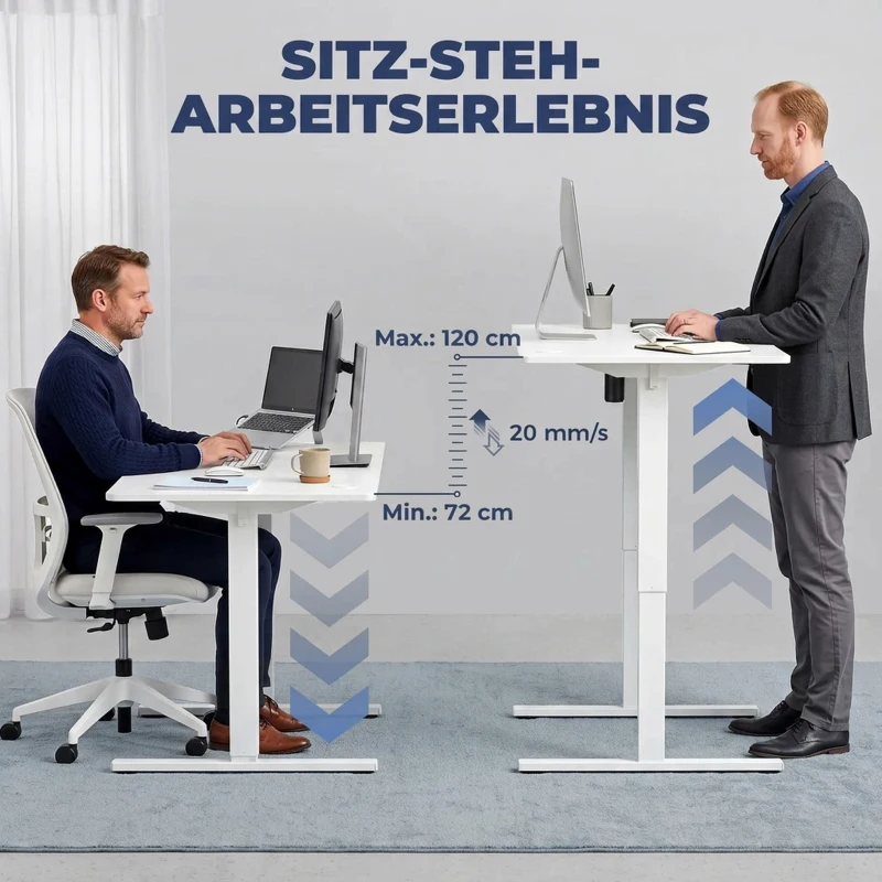 HOMCOM Elektrischer Stehschreibtisch höhenverstellbar mit LCD-Display, Kabeldurchführungen & Haken, Weiß